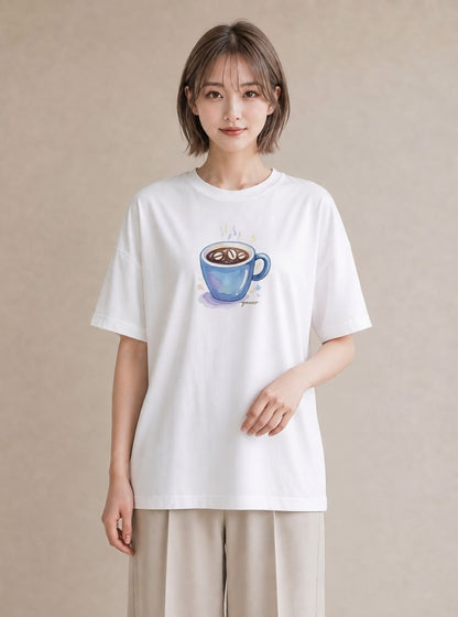半袖Tシャツ レディース コーヒー カフェ 珈琲 イラスト 普段使い クリスマス 旅行 白T YMAZO