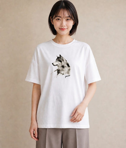 グラフィックTシャツ レディース シベリアンハスキー 犬 いぬ イラスト アート風 在宅 公園 白T YMAZO