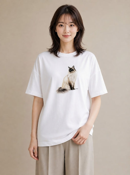 グラフィックTシャツ レディース 猫好き 猫 ねこ イラスト カフェ巡り 女子会 白T YMAZO