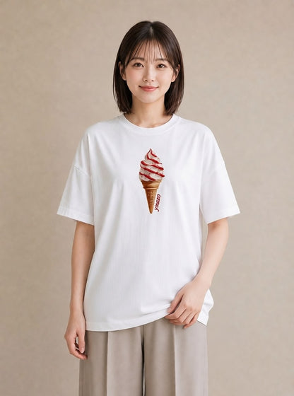 半袖Tシャツ レディース ソフトクリーム 食べ物 フード イラスト 上品 春コーデ 姉妹 白T YMAZO