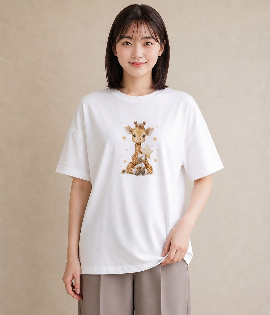Tシャツ レディース きりん 動物 アニマル イラスト 水彩風 レイヤード 友達ギフト 白T YMAZO