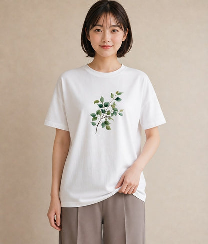 半袖Tシャツ レディース 新緑 植物 ボタニカル イラスト 休日コーデ 通学 誕生日プレゼント 白T YMAZO