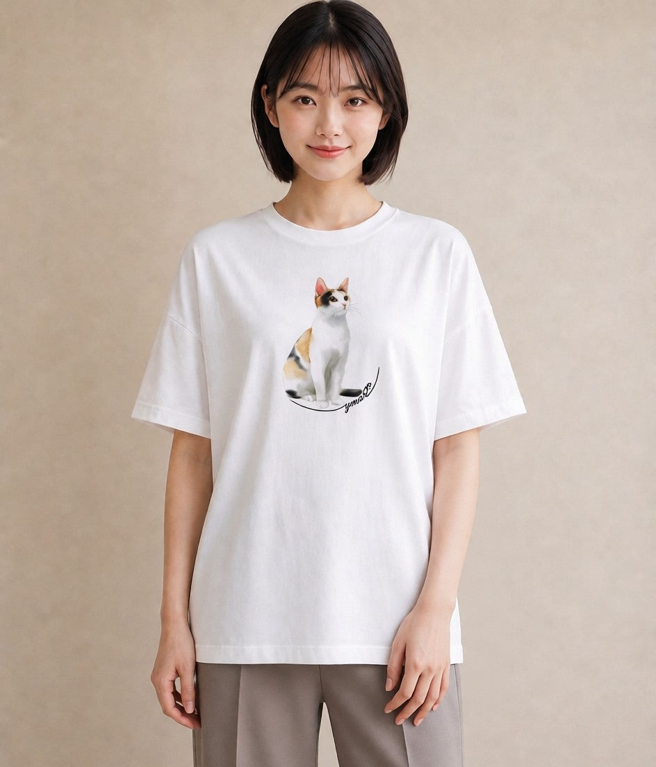 Tシャツ レディース 猫 ねこ イラスト ガーリー ペアコーデ 秋コーデ 白T YMAZO