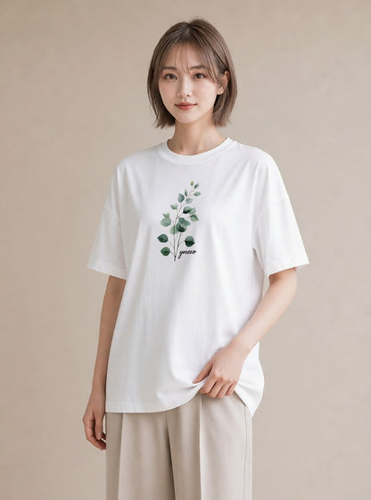 グラフィックTシャツ レディース 苔 植物 ボタニカル イラスト アート風 ミセス 春コーデ 白T YMAZO