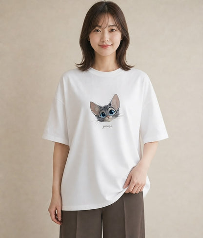 プリントTシャツ レディース サバトラ 猫 ねこ イラスト 可愛い 夏コーデ 通学 白T YMAZO