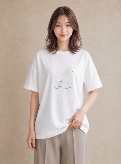 グラフィックTシャツ レディース ビションフリーゼ 犬 いぬ イラスト きれいめ 20代 カジュアルコーデ 白T YMAZO