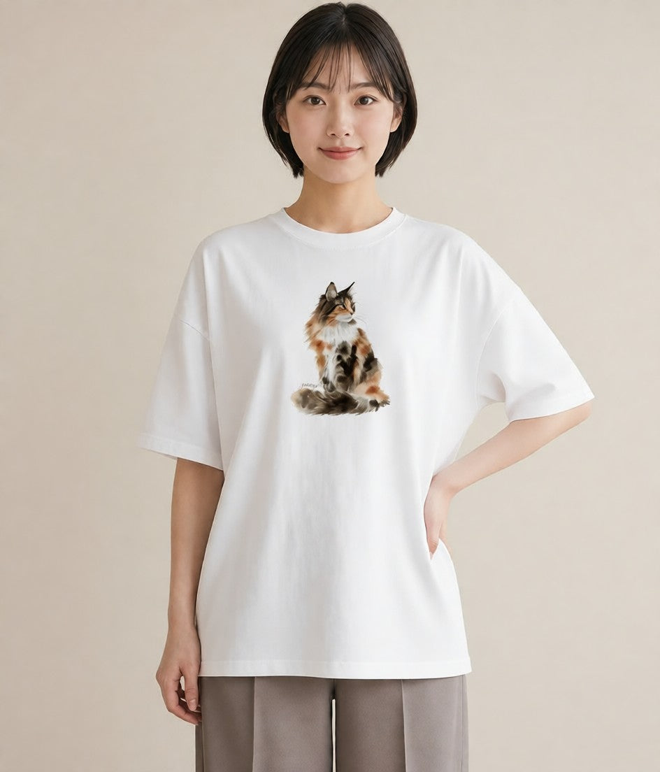 プリントTシャツ レディース サビ猫 猫 ねこ イラスト カフェコーデ 帰省 ラフ 白T YMAZO