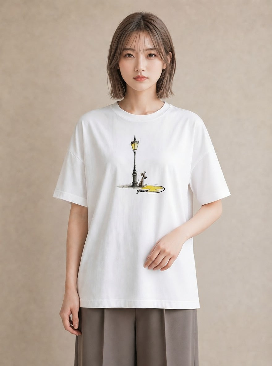 Tシャツ レディース 街灯 夜霧 夜 ナチュラル アンティーク イラスト レイヤード 友達ギフト 白T YMAZO