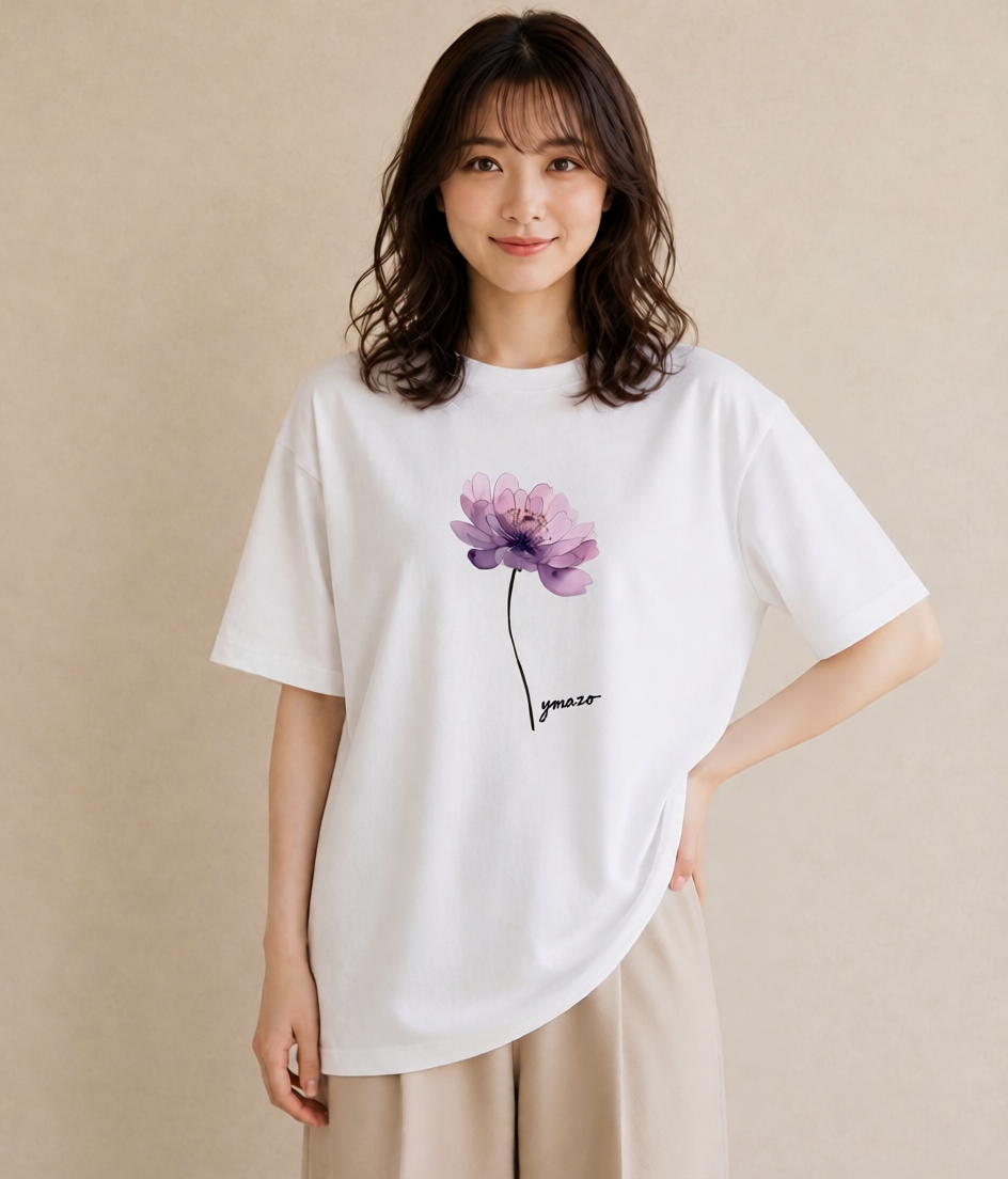 半袖Tシャツ レディース スミレ 花 花柄 イラスト ラフカジュアル 海 カフェ巡り 白T YMAZO