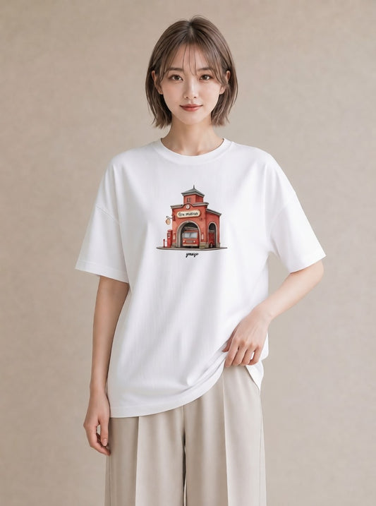 デザインTシャツ レディース 駅のホーム ローカル線 駅 ナチュラル アンティーク イラスト お洒落 誕生日プレゼント 綿100 白T
