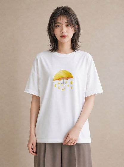 プリントTシャツ レディース 傘 水たまり 雨 ナチュラル アンティーク イラスト ボタニカル 旅行 母娘コーデ 白T YMAZO