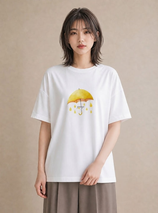 プリントTシャツ レディース 傘 水たまり 雨 ナチュラル アンティーク イラスト ボタニカル 旅行 母娘コーデ 白T YMAZO