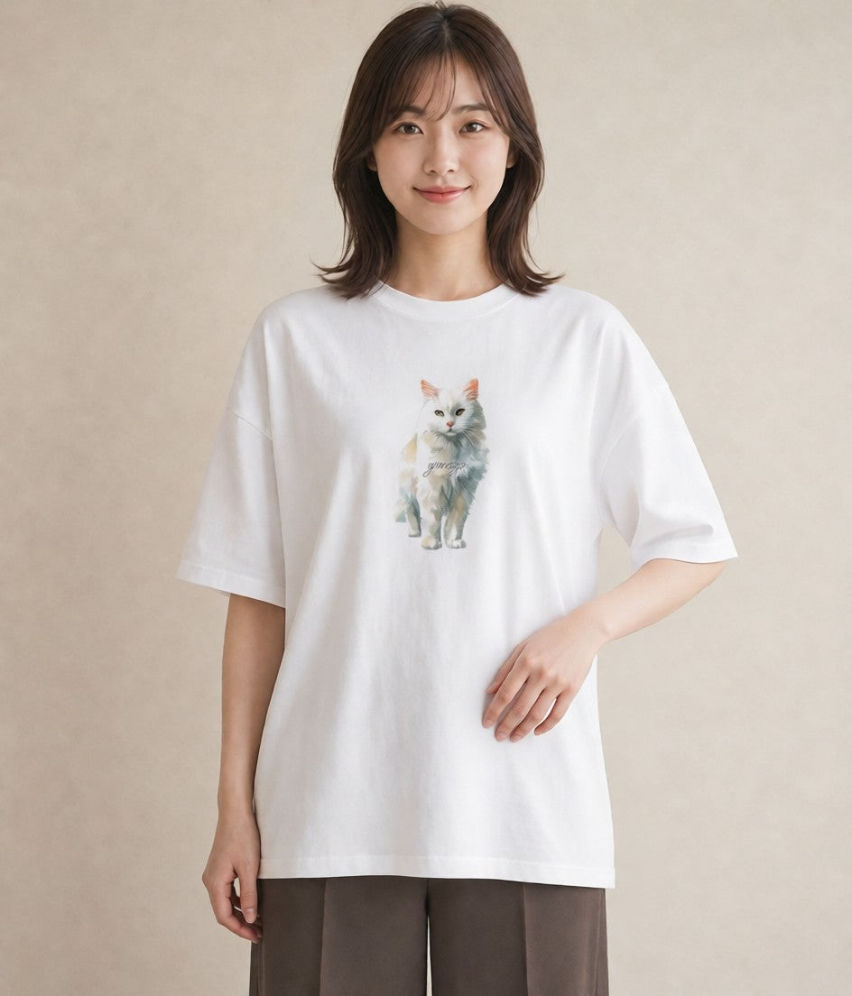 半袖Tシャツ レディース アメリカンショートヘア 猫 ねこ イラスト きれいめ おしゃれギフト 社会人 白T YMAZO
