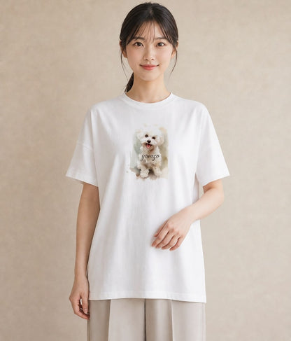 半袖Tシャツ レディース ビションフリーゼ 犬 いぬ イラスト 水彩風 公園 ママ 白T YMAZO