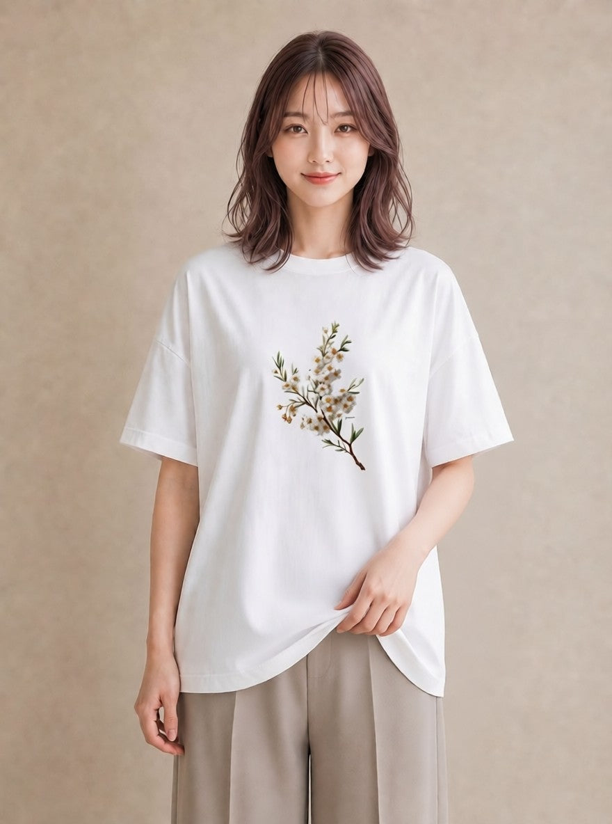 グラフィックTシャツ レディース 金木犀 花 花柄 イラスト 韓国風 お揃い 親子 白T