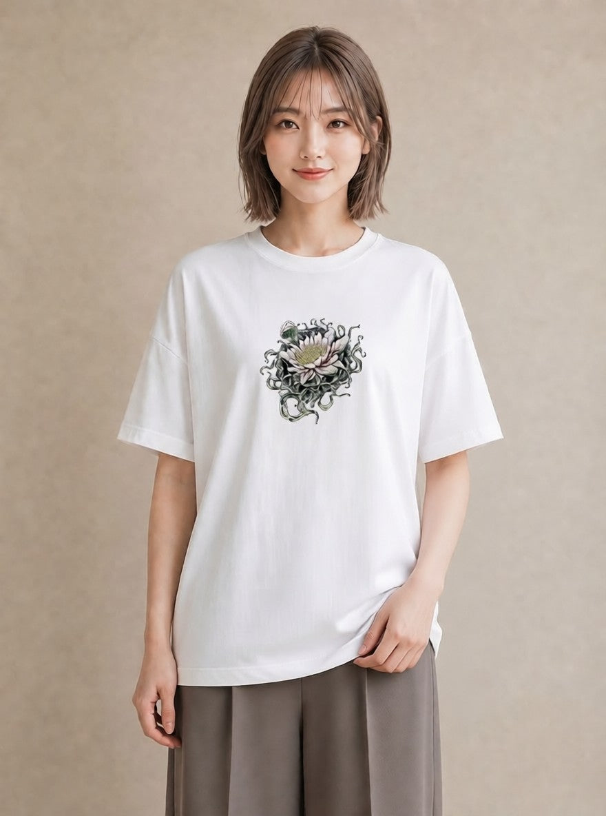 プリントTシャツ レディース 蓮 花 花柄 イラスト シック カフェ巡り 女子会 白T YMAZO