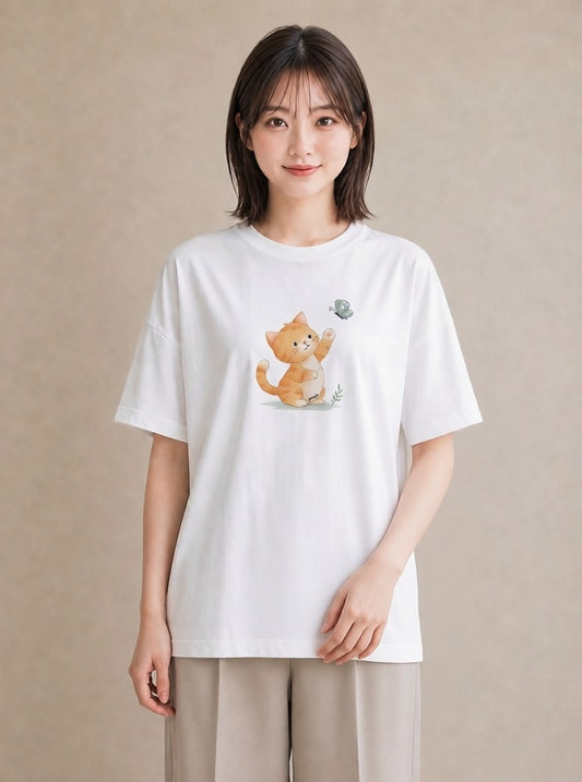 プリントTシャツ レディース 茶トラ 茶猫 猫 ねこ イラスト ラフカジュアル 友達ギフト 部屋着 白T YMAZO