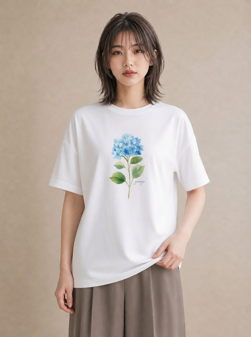 Tシャツ レディース あじさい 紫陽花 アジサイ 花 花柄 イラスト ヴィンテージ風 カフェ巡り 女子会 白T