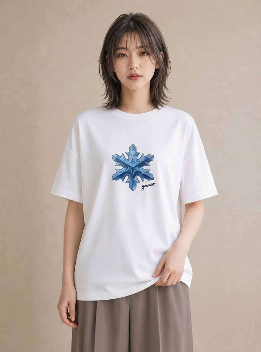 Tシャツ レディース 雪の結晶 星空 宇宙 イラスト 普段使い デイリーウェア 休日 白T YMAZO