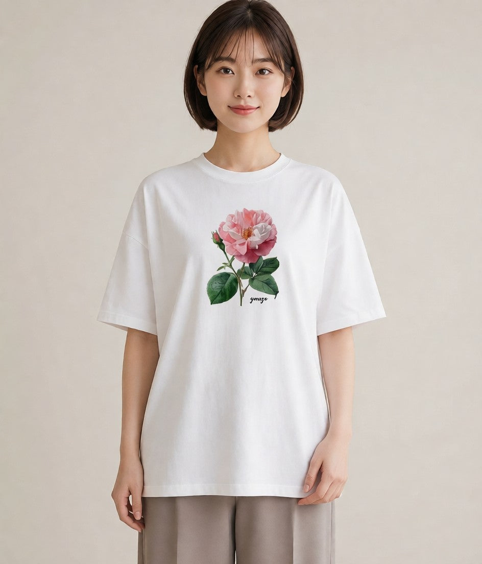半袖Tシャツ レディース バラ 薔薇 ローズ 花 花柄 イラスト ボタニカル カフェ服 クリスマス 白T YMAZO
