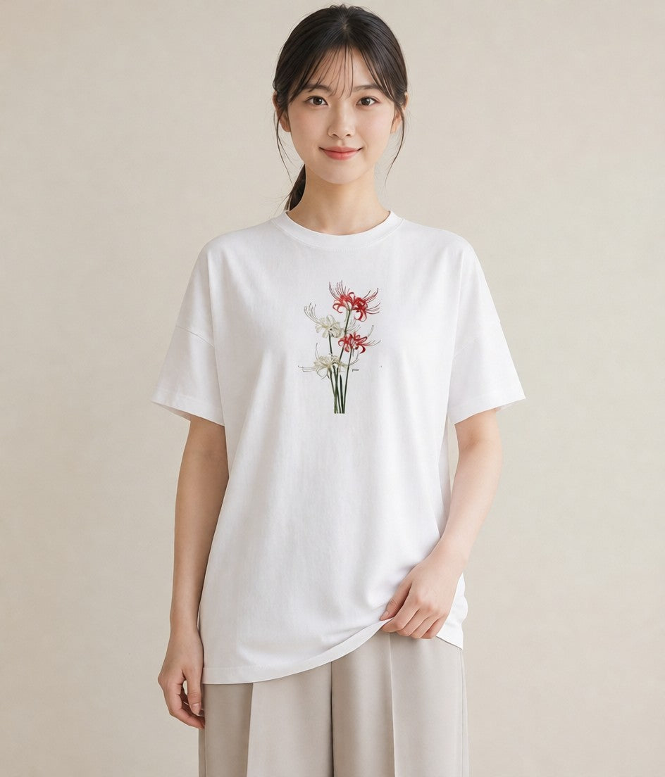 デザインTシャツ レディース 彼岸花 花 花柄 イラスト ナチュラル 在宅 公園 白T YMAZO