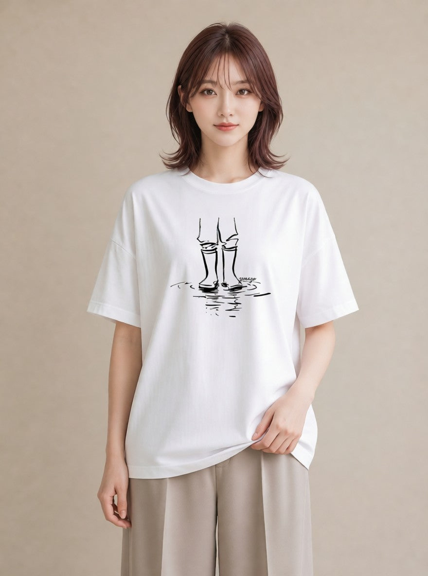プリントTシャツ レディース 雨上がりの小道 雨上がり 小道 ナチュラル アンティーク イラスト 通学 誕生日プレゼント 白T YMAZO