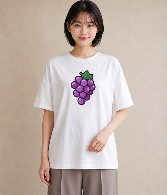 Tシャツ レディース ぶどう 葡萄 食べ物 フード イラスト きれいめカジュアル ミセス 春コーデ 白T YMAZO