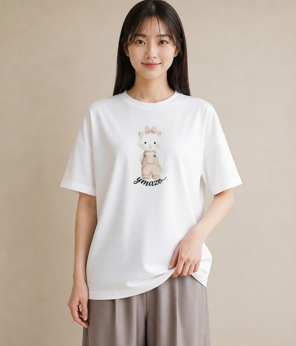 半袖Tシャツ レディース 猫好き 猫 ねこ イラスト ユニーク 旅行用 海 白T YMAZO