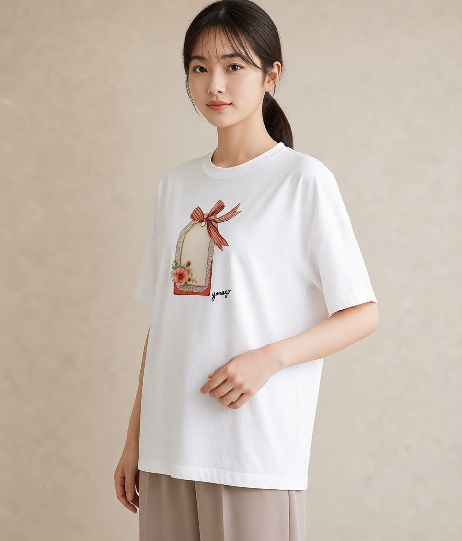 プリントTシャツ レディース 手鏡 アンティーク レトロ ナチュラル イラスト アート風 ビーチ デイリーウェア 白T YMAZO