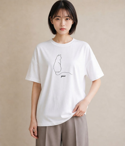 デザインTシャツ レディース 猫 ねこ ネコ イラスト 上品 帰省 ラフ 白T YMAZO