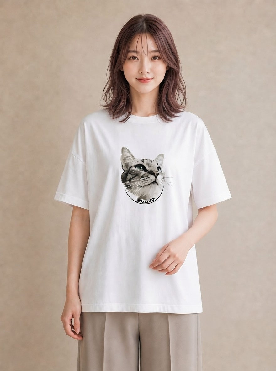プリントTシャツ レディース シャム柄 猫 ねこ イラスト こなれ感 ミセス 春コーデ 白T YMAZO