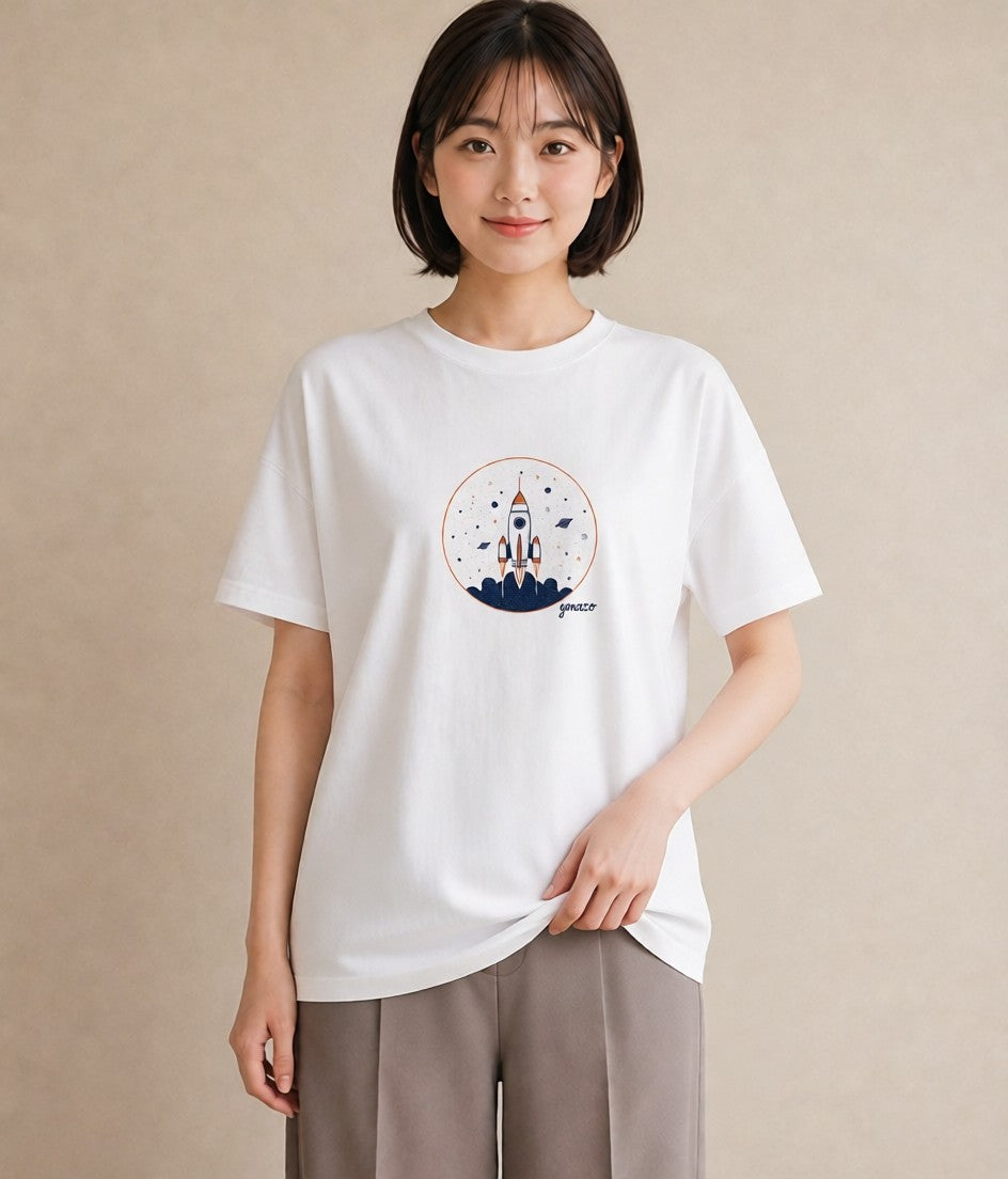 半袖Tシャツ レディース ロケット 星空 宇宙 イラスト ガーリー 買い物 夏コーデ 白T YMAZO
