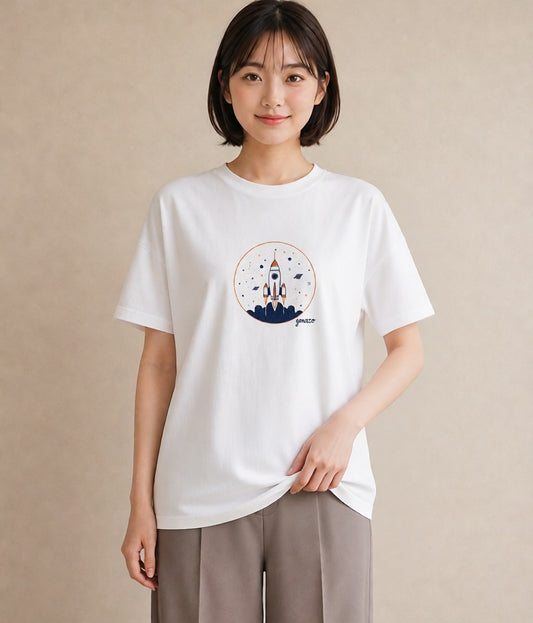 半袖Tシャツ レディース ロケット 星空 宇宙 イラスト ガーリー 買い物 夏コーデ 白T YMAZO