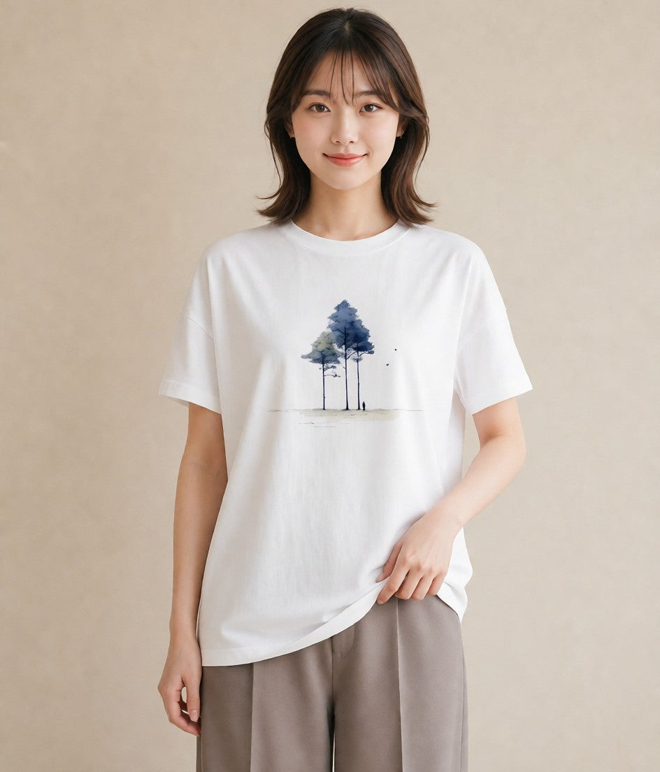 Tシャツ レディース 遠い家と鳥 風景 鳥 ナチュラル アンティーク イラスト 個性的 ラフ レイヤード 白T YMAZO