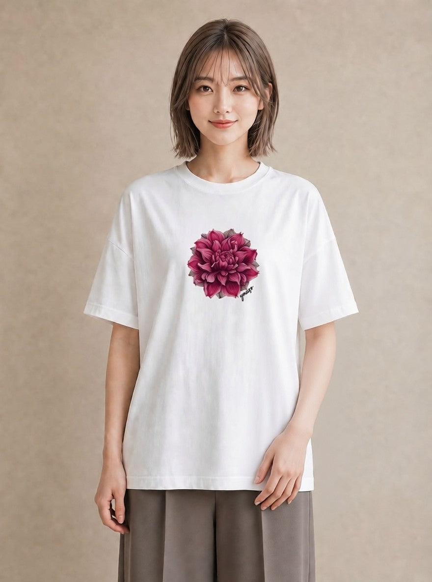 半袖Tシャツ レディース 牡丹 花 花柄 イラスト 休日コーデ 社会人 女性 白T YMAZO