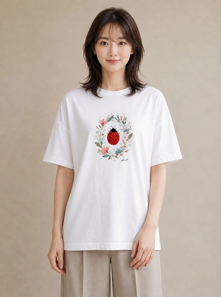 デザインTシャツ レディース てんとう虫 昆虫 虫 イラスト アート風 買い物 夏コーデ 白T YMAZO