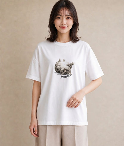 半袖Tシャツ レディース おすわり猫 猫 ねこ イラスト ゆるコーデ 送別ギフト 通勤 白T YMAZO