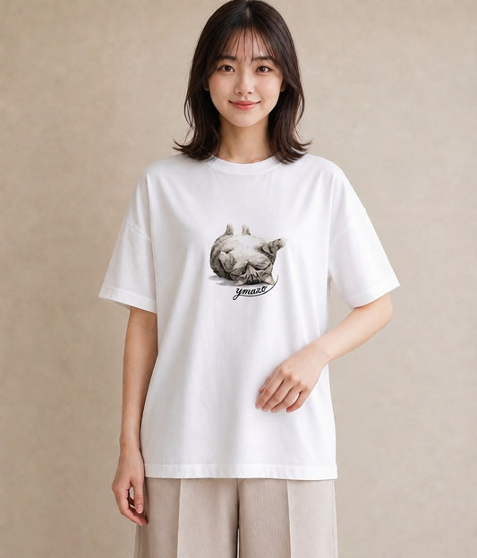 半袖Tシャツ レディース おすわり猫 猫 ねこ イラスト ゆるコーデ 送別ギフト 通勤 白T YMAZO