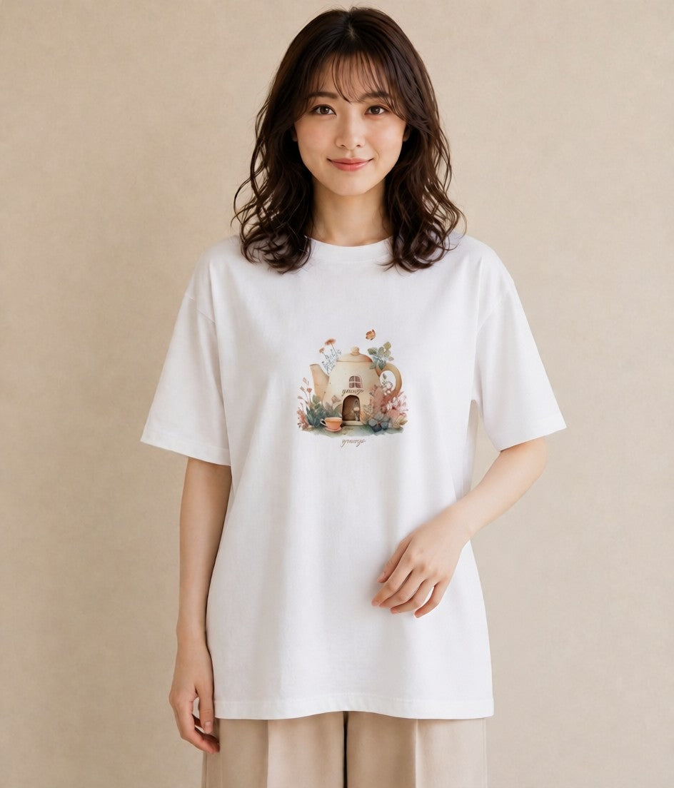 プリントTシャツ レディース 灯りの家 小屋 夜 ナチュラル アンティーク イラスト 個性的 帰省 ラフ 白T YMAZO