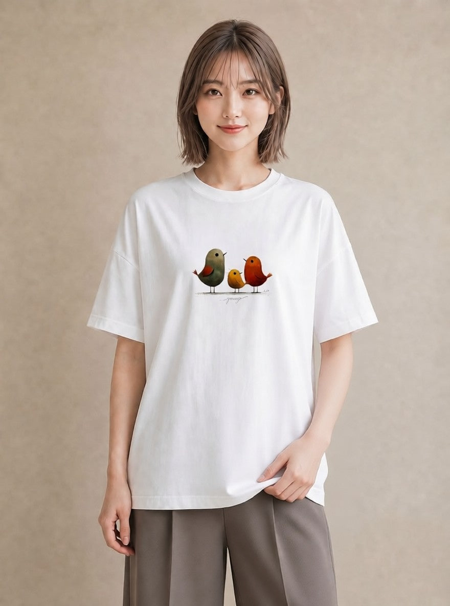 Tシャツ レディース 遠い家と鳥 風景 鳥 ナチュラル アンティーク イラスト シック 公園 ママ 白T YMAZO