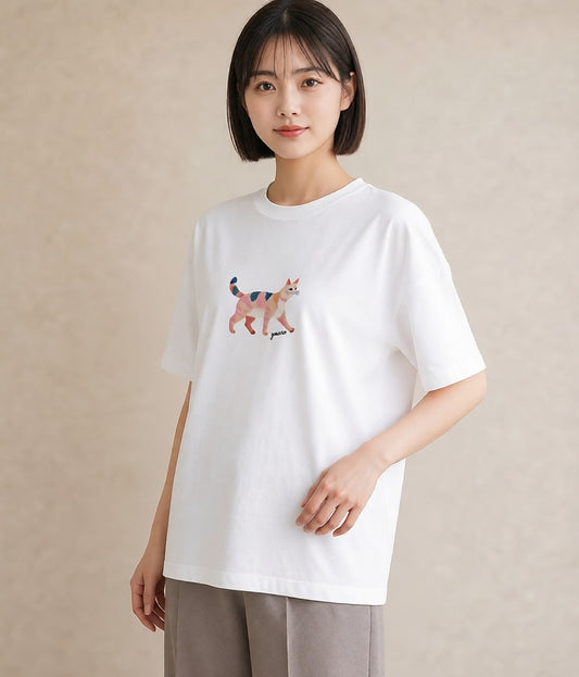半袖Tシャツ レディース アメリカンショートヘア 猫 ねこ イラスト ヴィンテージ風 送別ギフト 通勤 白T YMAZO