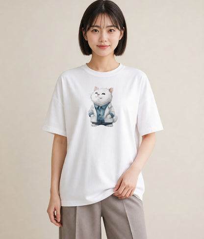 半袖Tシャツ レディース ペルシャ 猫 ねこ イラスト 抜け感 敬老の日 ホワイトデー 白T YMAZO