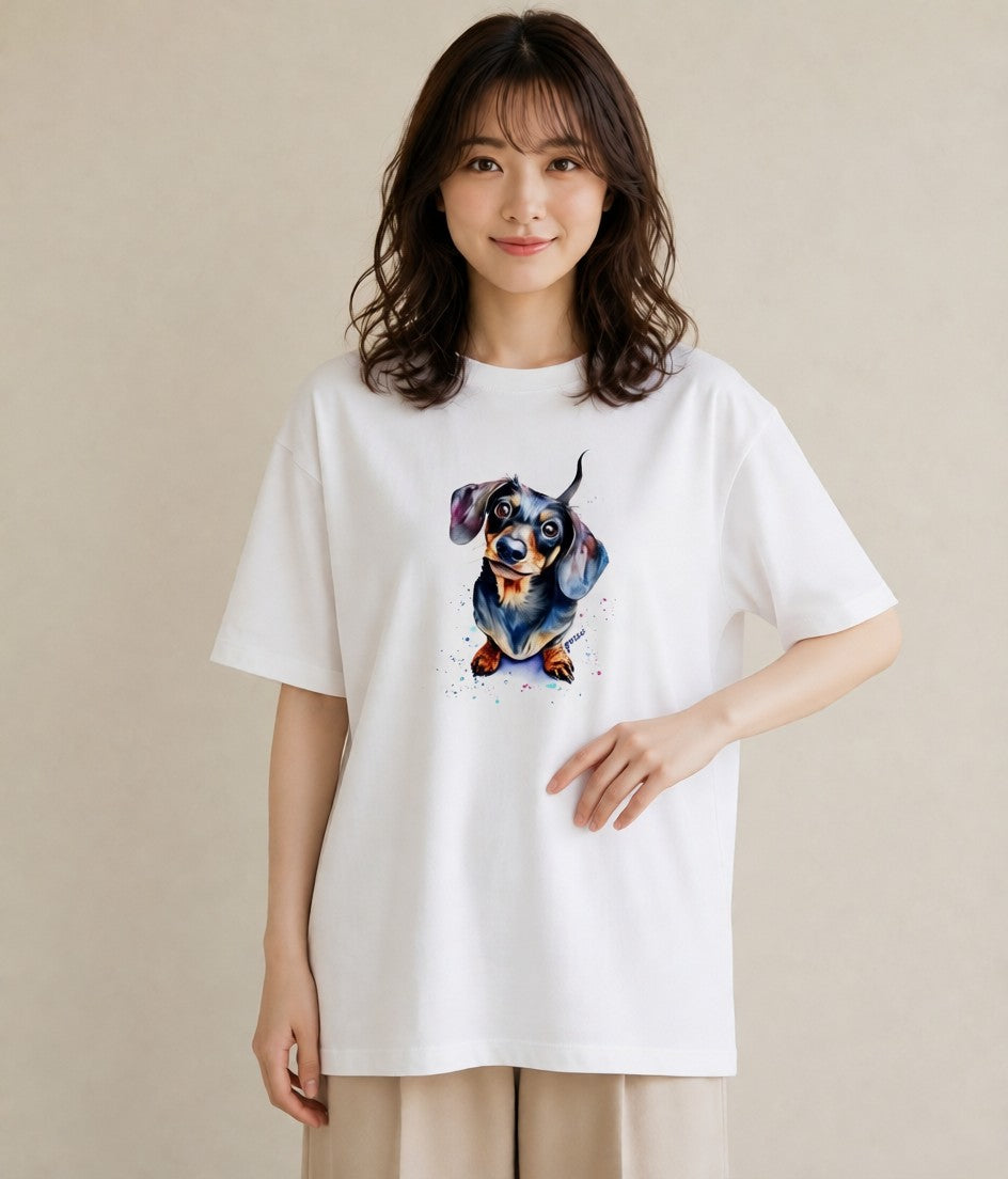 デザインTシャツ レディース ミニチュアダックスフンド 犬 いぬ イラスト ガーリー お出かけ 普段着 白T YMAZO