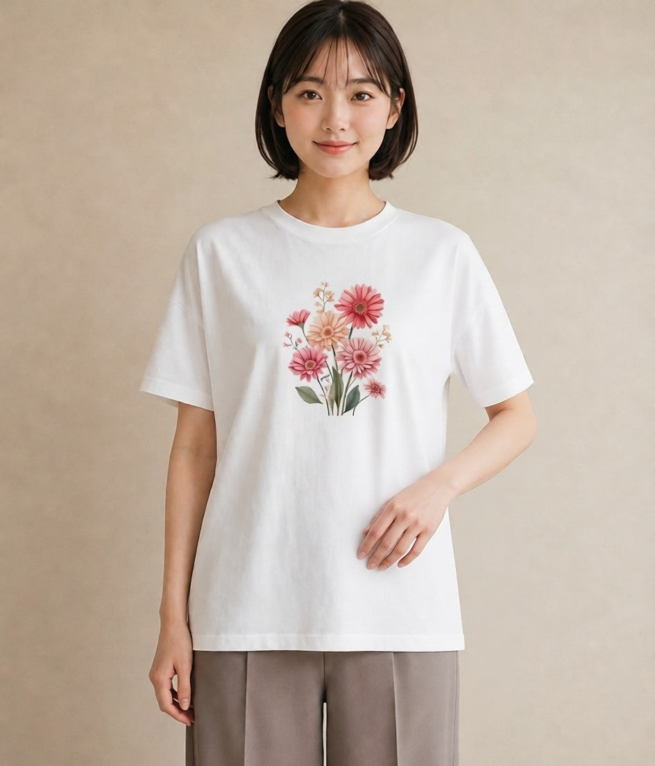 プリントTシャツ レディース マーガレット 花 花柄 イラスト ラフ 休日 ペアコーデ 白T YMAZO