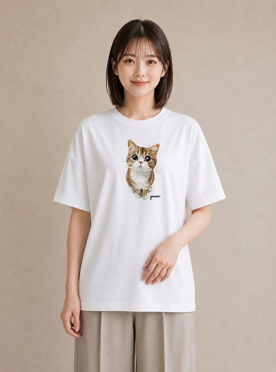 デザインTシャツ レディース スコティッシュフォールド 猫 ねこ イラスト アート風 公園 ママ 白T YMAZO
