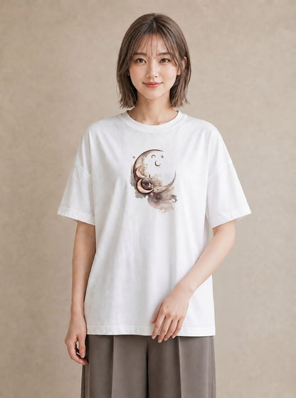 プリントTシャツ レディース 満月 星空 宇宙 イラスト ゆるかわ レイヤード 友達ギフト 白T YMAZO