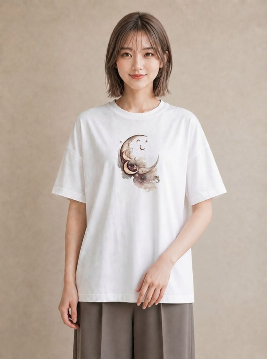 プリントTシャツ レディース 満月 星空 宇宙 イラスト ゆるかわ レイヤード 友達ギフト 白T YMAZO