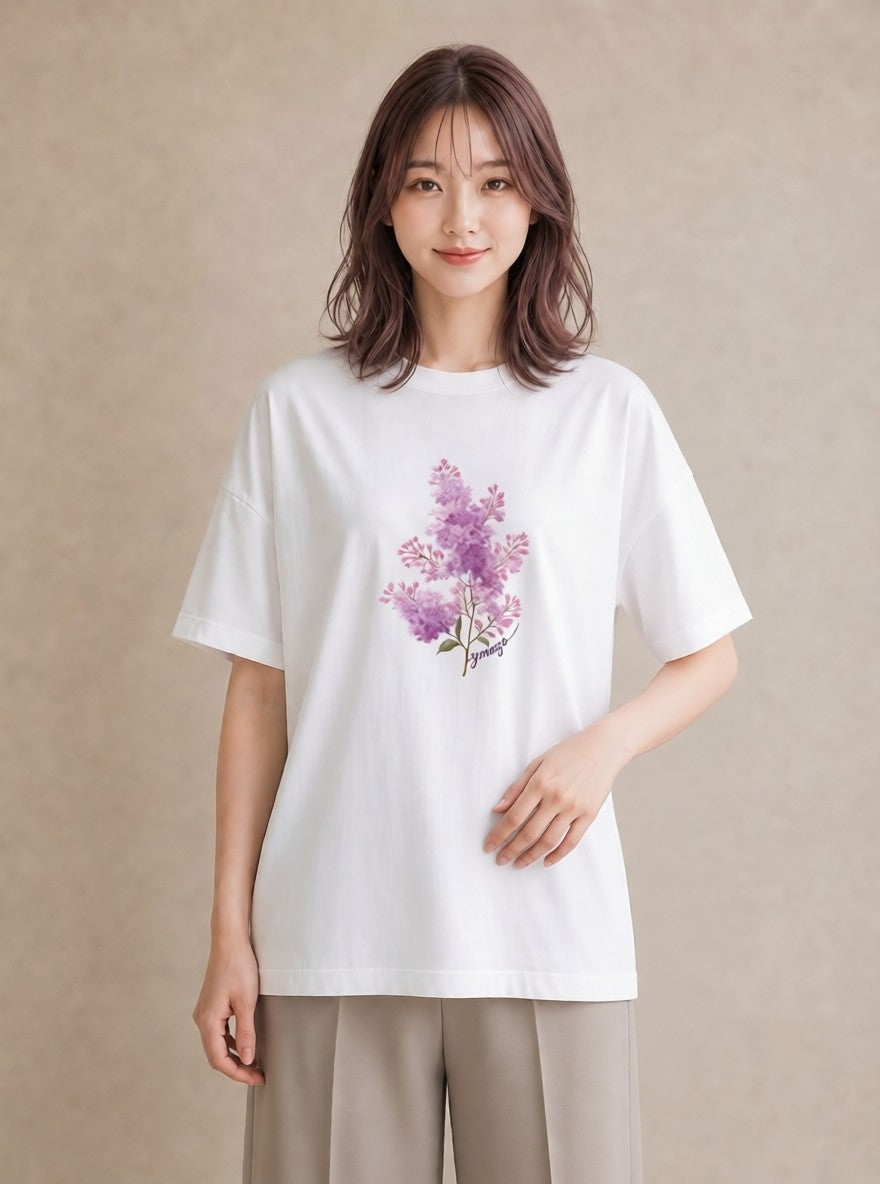 半袖Tシャツ レディース ラベンダー 花 花柄 イラスト 散歩 お出かけ 白T