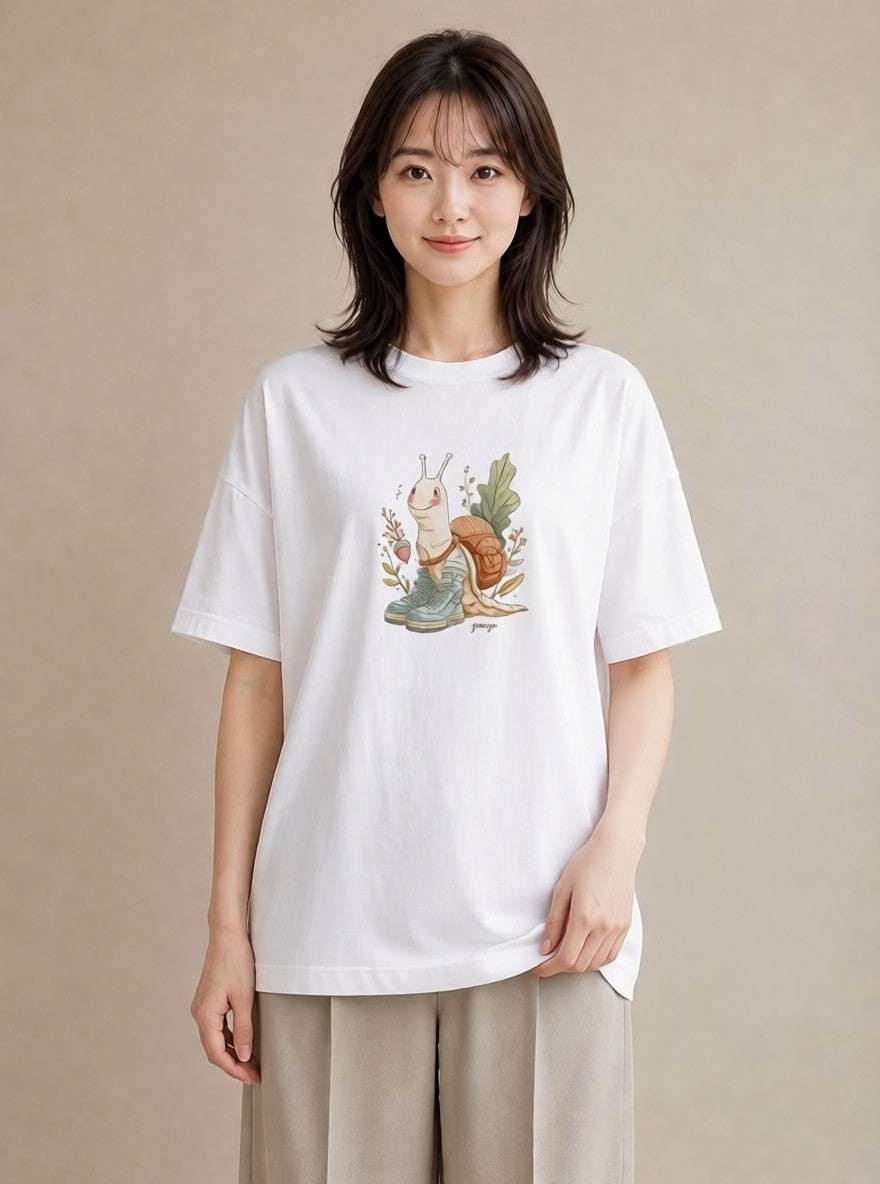 プリントTシャツ レディース かたつむり 昆虫 虫 イラスト ヴィンテージ風 綿100 デート 白T YMAZO