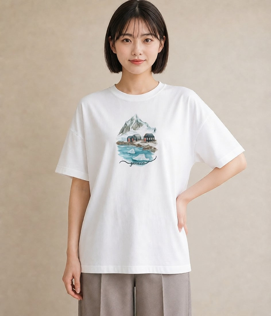 Tシャツ レディース 山 星空 宇宙 イラスト カジュアル カフェ巡り 女子会 白T YMAZO